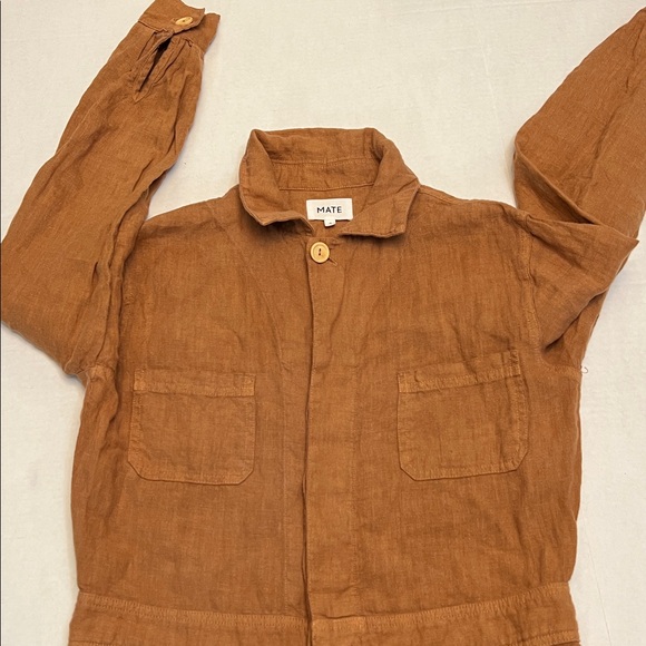 MATE THE LABEL LINEN SEDONA TAN LONG SLEEVE BUTTON UP JUMPSUIT SIZE SMALL - Picture 9 of 16